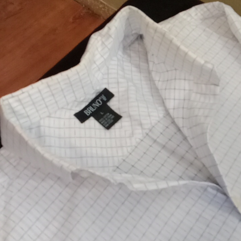 BRUNO Mens White Long Sleeve Button Down Dress Shirt  w/ Blue Stripes-Si…